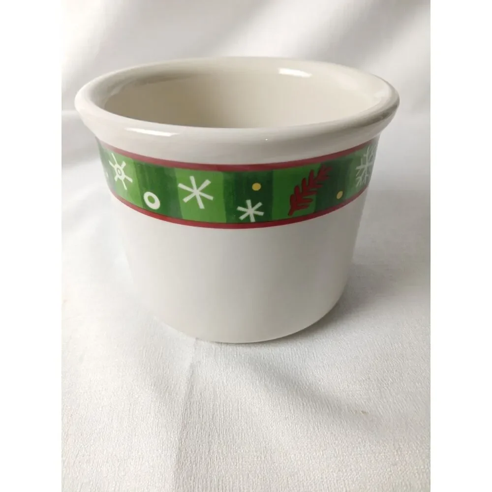 Longaberger Holiday Pottery Christmas Snowflake Crock Planter Bowl Green Red